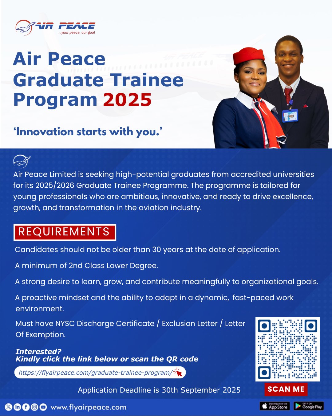 Air Peace Graduate Trainee Program 2025 flyer with application details