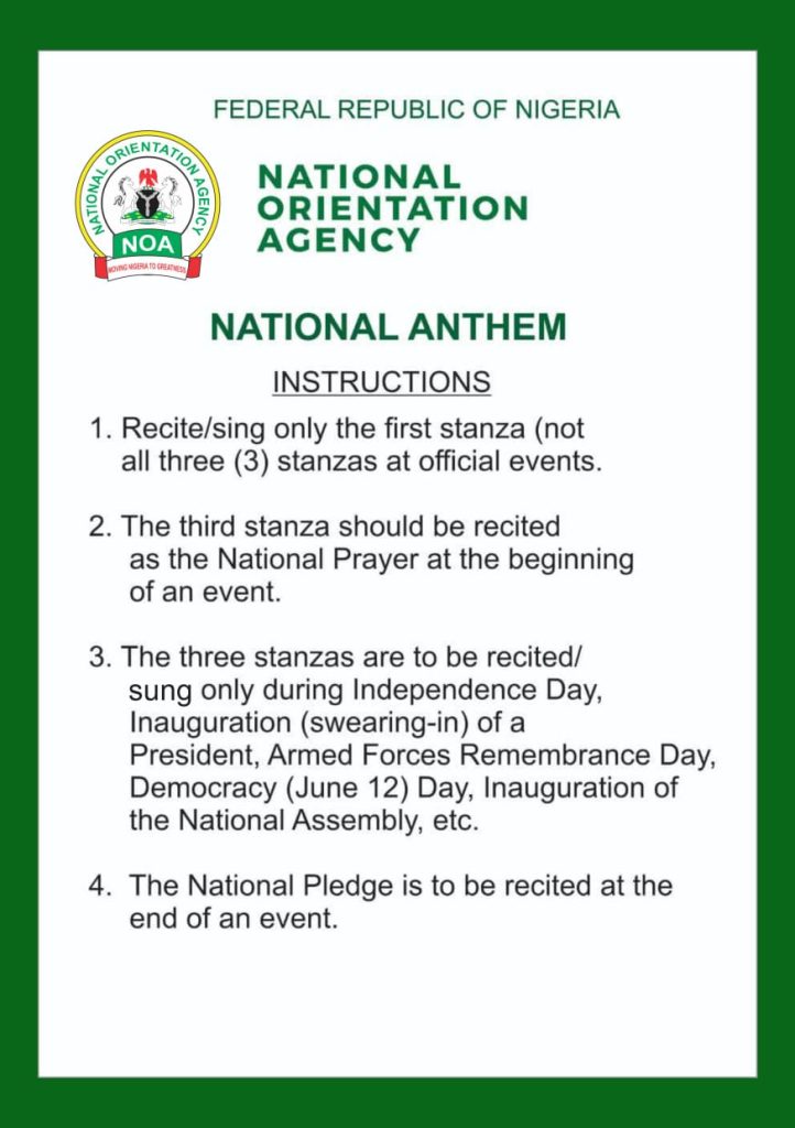 National Orientation Agency clarifies official rules for reciting Nigeria’s National Anthem at events.