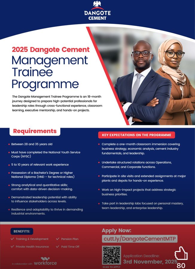 Dangote Cement launches 2025 Management Trainee Programme for experienced Nigerian professionals.